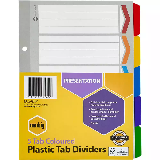 Picture of MARBIG DIVIDER REINFORCED MANILLA 5-TAB A5 ASSORTED