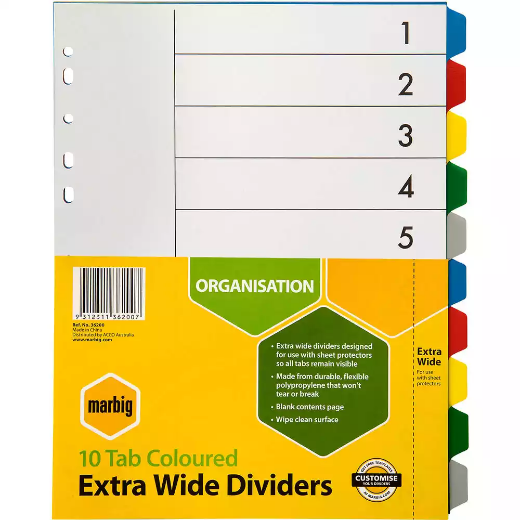 Picture of MARBIG EXTRA WIDE DIVIDER PP 10-TAB A4 ASSORTED