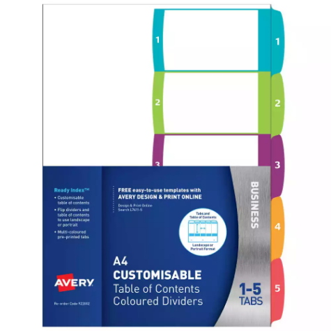 Picture of AVERY 922002 L7411-5 CUSTOMISABLE TABLE OF CONTENTS COLOURED DIVIDER 1-5 TAB A4