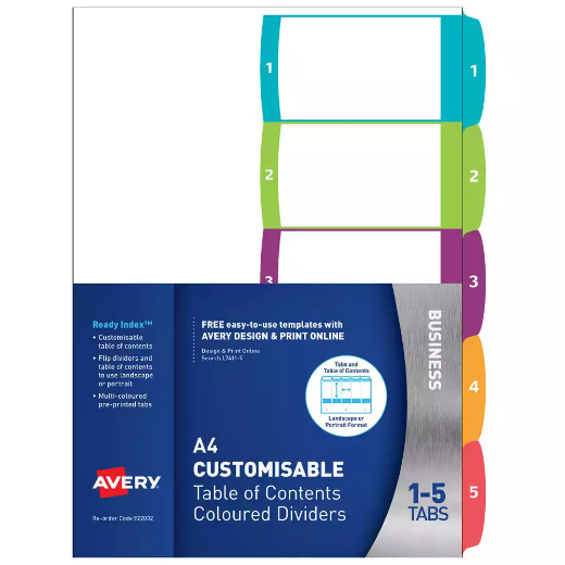 Picture of AVERY 922002 L7411-5 CUSTOMISABLE TABLE OF CONTENTS COLOURED DIVIDER 1-5 TAB A4