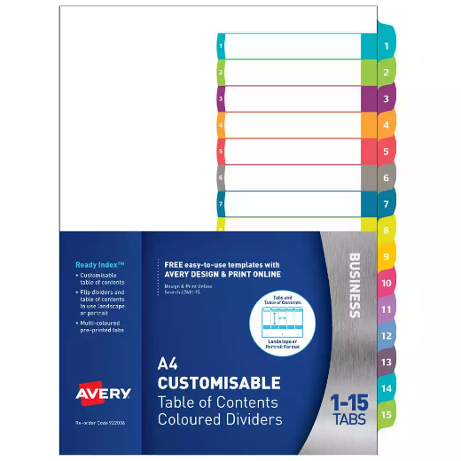 Picture of AVERY 922006 L7411-15 CUSTOMISABLE TABLE OF CONTENTS COLOURED DIVIDER 1-15 TAB A4