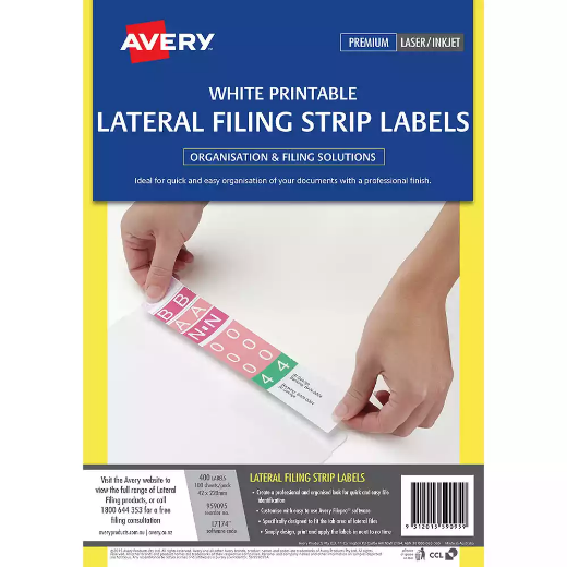 Picture of AVERY 959095 L7174 LATERAL FILING STRIP LABELS LASER 42 X 220MM WHITE BOX 400