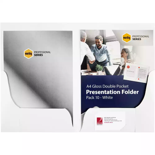 Picture of MARBIG PROFESSIONAL PRESENTATION FOLDER DOUBLE POCKET A4 GLOSS WHITE PACK 10