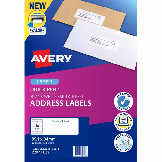 Picture of AVERY 952002 L7162 QUICK PEEL ADDRESS LABEL WITH SURE FEED LASER 16UP WHITE PACK 20