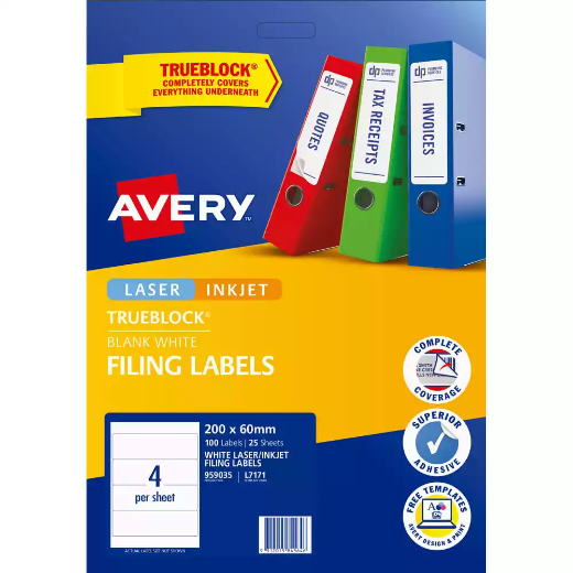 Picture of AVERY 959035 L7171 TRUEBLOCK FILING LABELS LASER/INKJET 4UP WHITE PACK 25