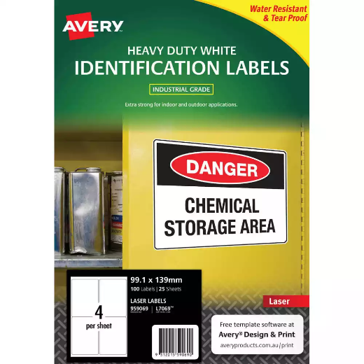 Picture of AVERY 959069 L7069 HEAVY DUTY LASER LABELS 4UP WHITE PACK 25