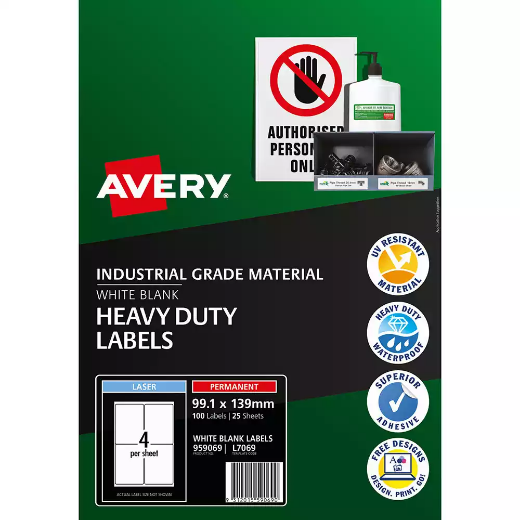 Picture of AVERY 959069 L7069 HEAVY DUTY LASER LABELS 4UP WHITE PACK 25