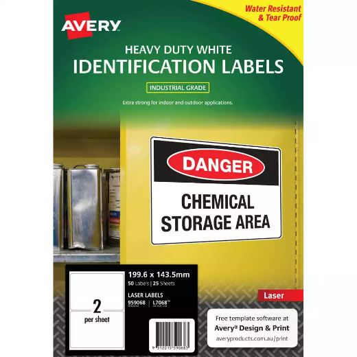 Picture of AVERY 959068 L7068 HEAVY DUTY LASER LABELS 2UP WHITE PACK 25