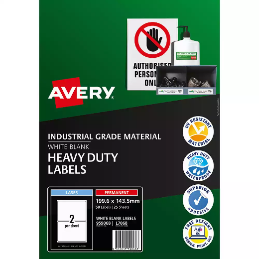 Picture of AVERY 959068 L7068 HEAVY DUTY LASER LABELS 2UP WHITE PACK 25