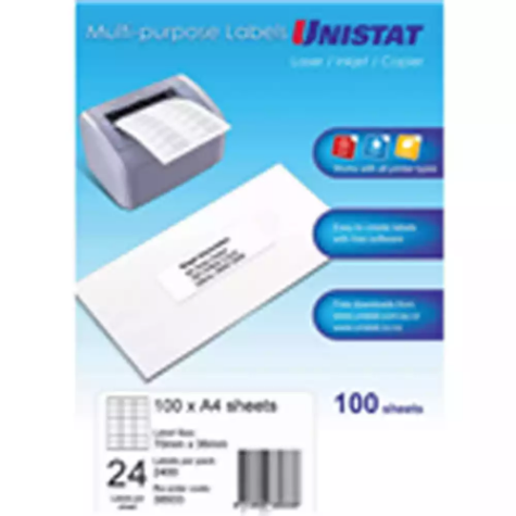 Picture of UNISTAT 38933 MULTI-PURPOSE LABELS 24UP 70 X 36MM WHITE PACK 100