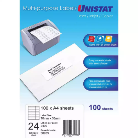 Picture of UNISTAT 38933 MULTI-PURPOSE LABELS 24UP 70 X 36MM WHITE PACK 100