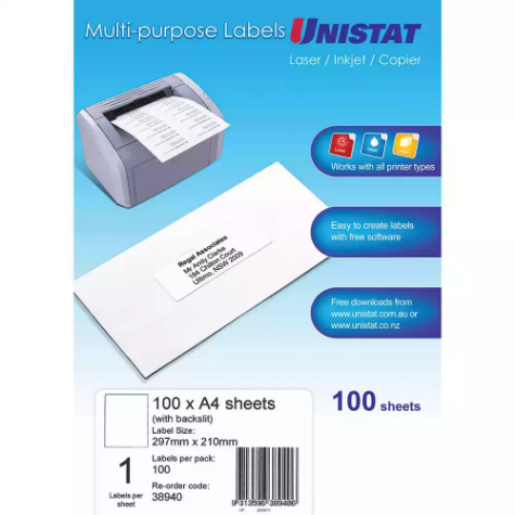 Picture of UNISTAT 38940 MULTI-PURPOSE LABEL 1UP 297 X 210MM WHITE PACK 100