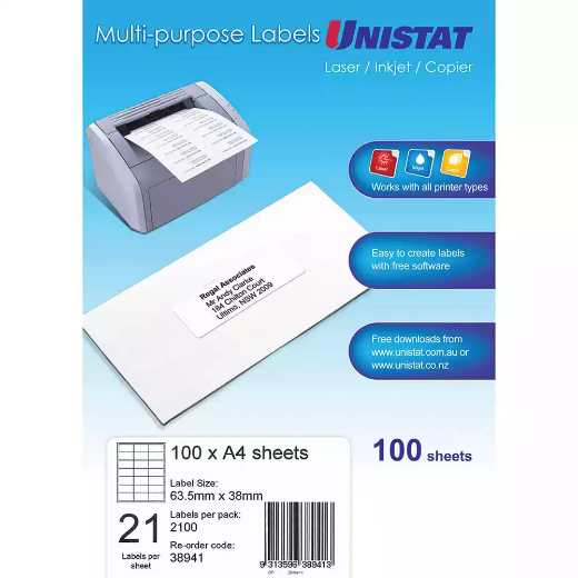 Picture of UNISTAT 38941 MULTI-PURPOSE LABEL 21UP 63.5 X 38MM WHITE PACK 100