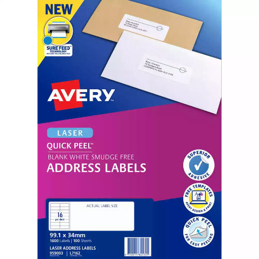 Picture of AVERY 959003 L7162 QUICK PEEL ADDRESS LABEL WITH SURE FEED LASER 16UP WHITE PACK 100