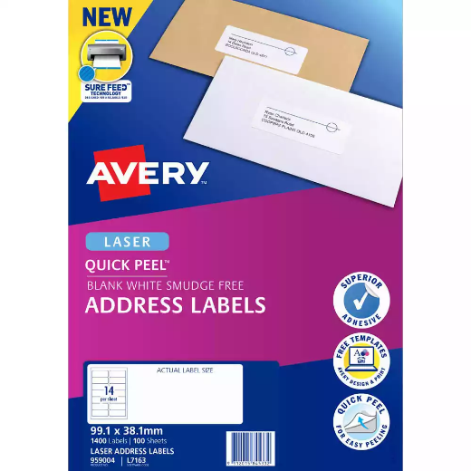 Picture of AVERY 959004 L7163 QUICK PEEL ADDRESS LABEL WITH SURE FEED LASER 14UP WHITE PACK 100