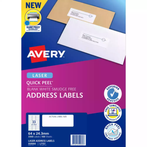 Picture of AVERY 959060 L7157 QUICK PEEL ADDRESS LABEL WITH SURE FEED LASER 33UP WHITE PACK 100