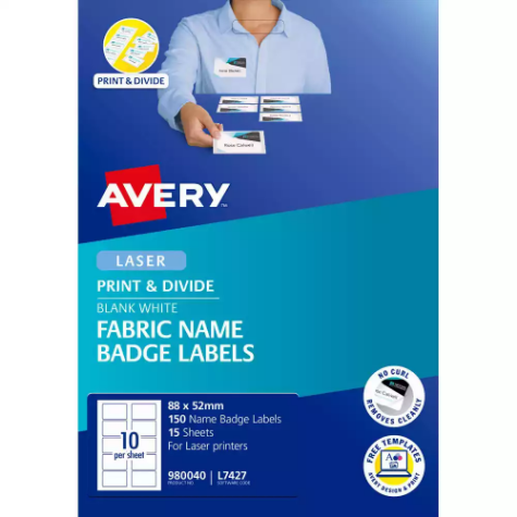 Picture of AVERY 980040 L7427 FABRIC NAME BADGE LABELS 10UP WHITE PACK 15