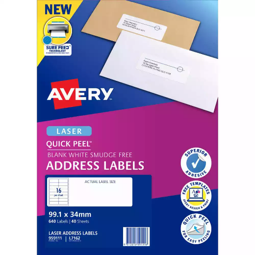 Picture of AVERY 959111 L7162 QUICK PEEL ADDRESS LABEL WITH SURE FEED LASER 16UP WHITE PACK 40