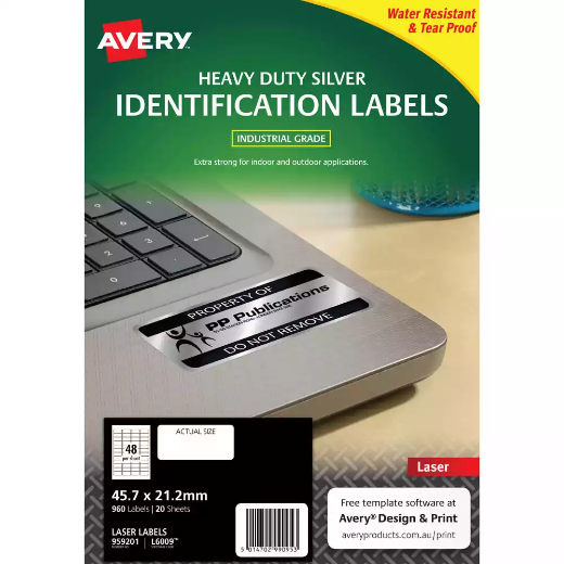 Picture of AVERY 959201 L6009 HEAVY DUTY LASER LABELS 48UP SILVER PACK 20