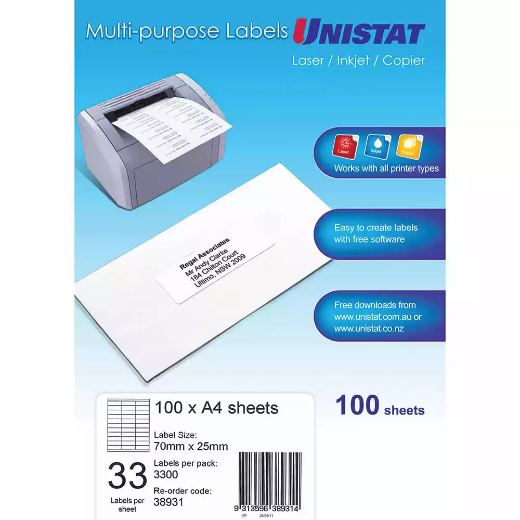 Picture of UNISTAT 38931 MULTI-PURPOSE LABEL 33UP 70 X 25MM WHITE PACK 100