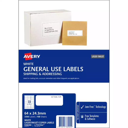 Picture of AVERY 938200 L7157 GENERAL USE LABEL LASER/INKJET 33UP WHITE PACK 100