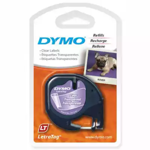 Picture of DYMO 16952 LETRATAG LABELLING TAPE PLASTIC 12MM X 4M BLACK ON CLEAR