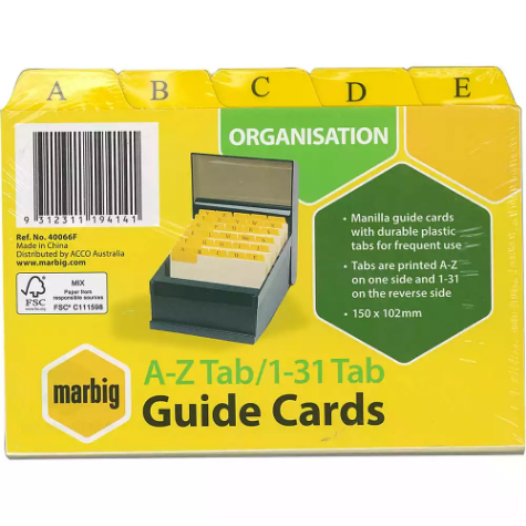 Picture of MARBIG GUIDE CARDS A-Z/1-31 TAB 111 X 152MM BUFF MANILLA PACK 30