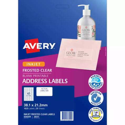 Picture of AVERY 936009 J8551 ADDRESS LABEL FROSTED CLEAR INKJET 65UP CLEAR PACK 25