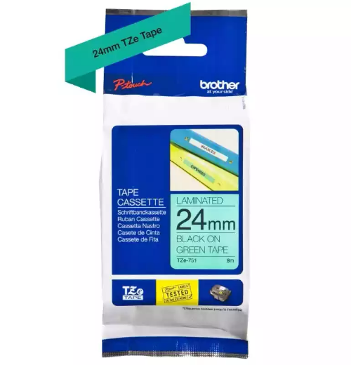 Picture of BROTHER TZE-751 LAMINATED LABELLING TAPE 24MM BLACK ON GREEN