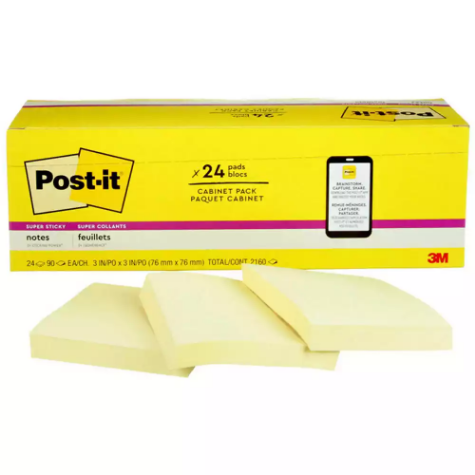 Picture of POST-IT 654-24SSCP SUPER STICKY RECYCLED NOTES 76 X 76MM CANARY YELLOW CABINET PACK 24