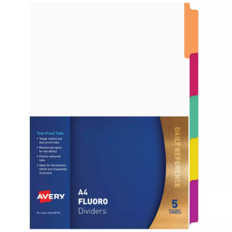 Picture of AVERY 85732 DIVIDER PLASTIC 5-TAB A4 FLUORESCENT MULTI COLOURS