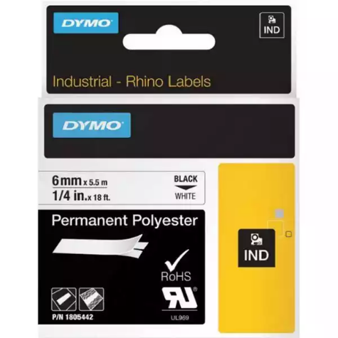 Picture of DYMO 1805442 RHINO INDUSTRIAL TAPE PERMANENT POLYESTER 6MM BLACK ON WHITE