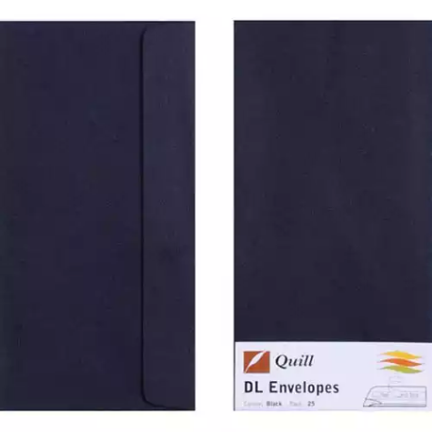 Picture of QUILL DL COLOURED ENVELOPES PLAINFACE STRIP SEAL 80GSM 110 X 220MM BLACK PACK 25