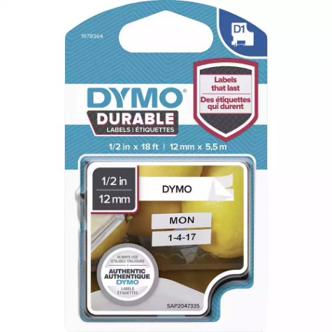 Picture of DYMO 1978364 D1 DURABLE LABEL CASSETTE TAPE 12MM X 5.5M BLACK ON WHITE