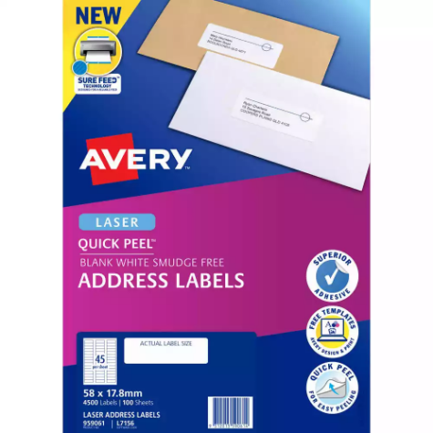 Picture of AVERY 959061 L7156 QUICK PEEL ADDRESS LABEL WITH SURE FEED LASER 45UP WHITE PACK 100