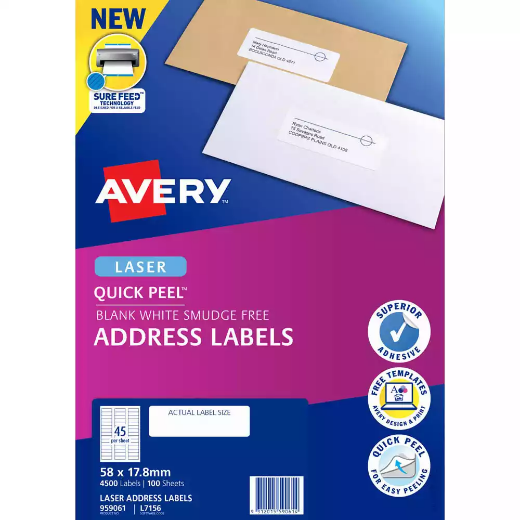 Picture of AVERY 959061 L7156 QUICK PEEL ADDRESS LABEL WITH SURE FEED LASER 45UP WHITE PACK 100