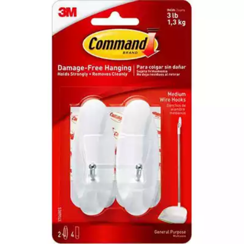 Picture of COMMAND ADHESIVE WIRE HOOKS MEDIUM WHITE PACK 2 HOOKS AND 4 STRIPS