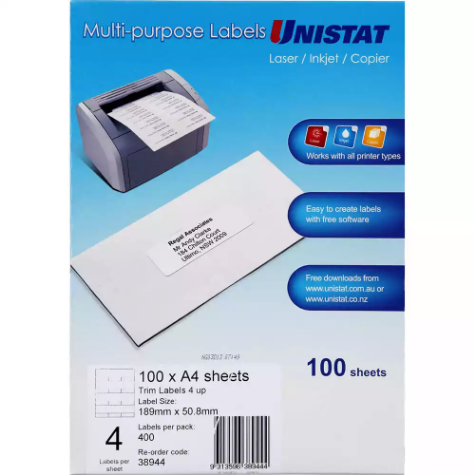 Picture of UNISTAT 38944 MULTI-PURPOSE LABEL 4UP 189 X 50.8MM PACK 100