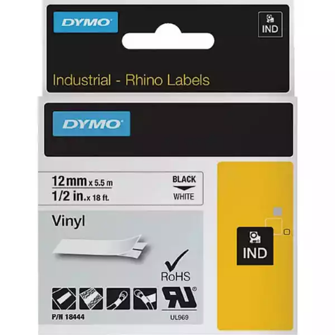 Picture of DYMO SD18444 RHINO INDUSTRIAL TAPE VINYL 12MM BLACK ON WHITE