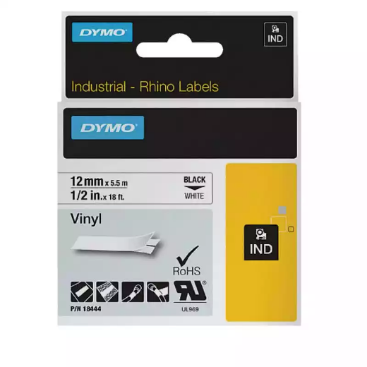 Picture of DYMO SD18444 RHINO INDUSTRIAL TAPE VINYL 12MM BLACK ON WHITE