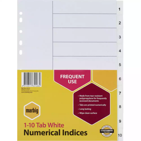 Picture of MARBIG INDEX DIVIDER PP 1-10 TAB A4 WHITE