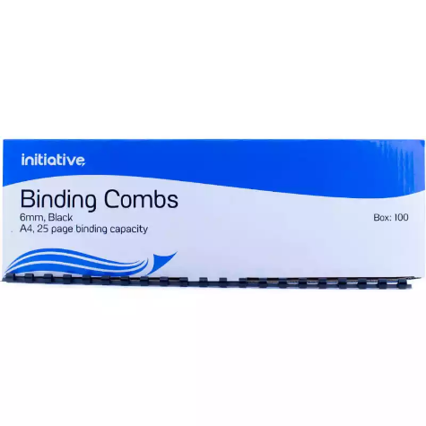 Picture of INITIATIVE PLASTIC BINDING COMB ROUND 21 LOOP 6MM A4 BLACK BOX 100