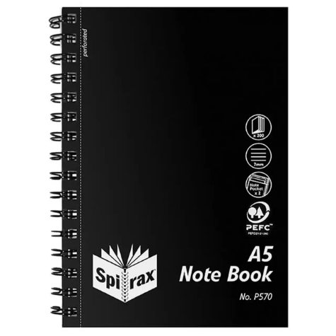 Picture of SPIRAX P570 NOTEBOOK PP COVER 7MM RULED SIDE OPEN A5 200 PAGE BLACK