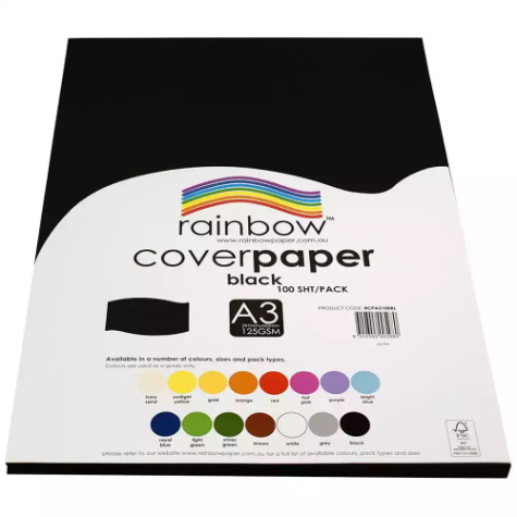 Picture of RAINBOW COVER PAPER 125GSM A3 BLACK PACK 100