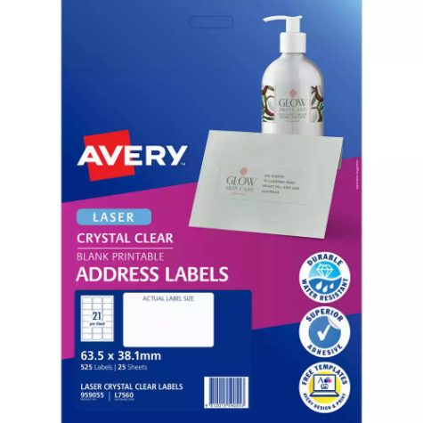 Picture of AVERY 959055 L7560 CRYSTAL CLEAR ADDRESS LABEL LASER 21UP CLEAR PACK 25