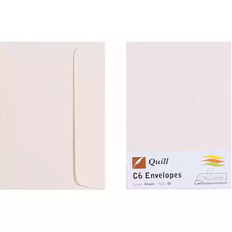 Picture of QUILL C6 COLOURED ENVELOPES PLAINFACE STRIP SEAL 80GSM 114 X 162MM CREAM PACK 25