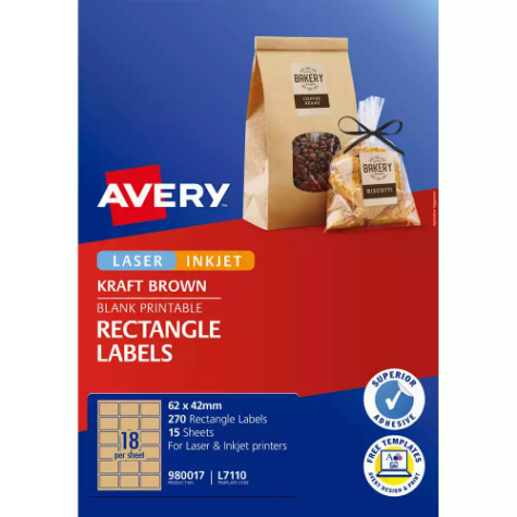 Picture of AVERY 980017 L7110 BLANK PRINTABLE LABELS RECTANGLE LASER/INKJET 18UP KRAFT BROWN PACK 15