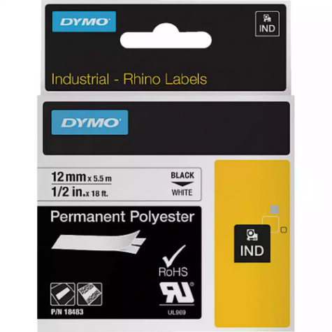 Picture of DYMO SD18483 RHINO INDUSTRIAL TAPE PERMANENT POLYESTER 12MM BLACK ON WHITE