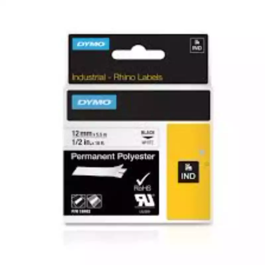 Picture of DYMO SD18483 RHINO INDUSTRIAL TAPE PERMANENT POLYESTER 12MM BLACK ON WHITE