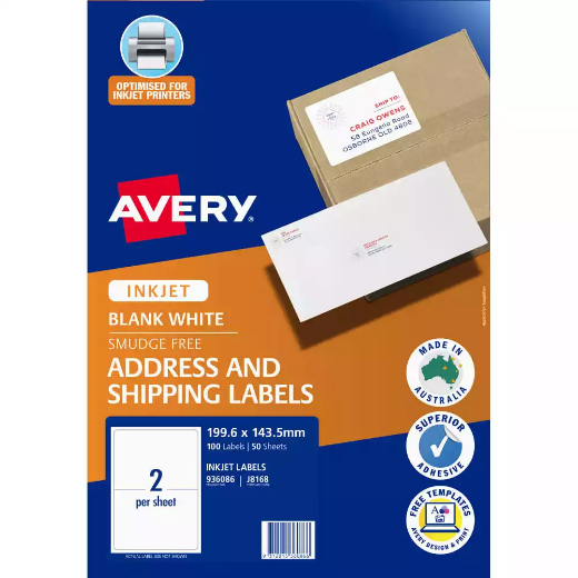 Picture of AVERY 936086 J8168 SHIPPING LABELS INKJET 2UP WHITE PACK 50